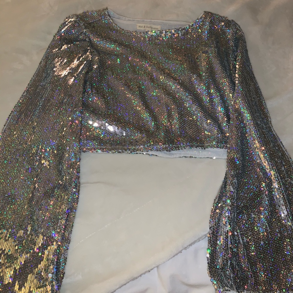 Bell Sleeve Cropped Shimmery Top